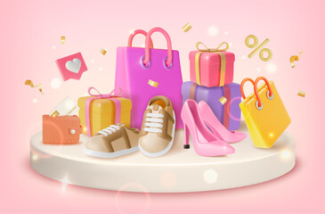 3d New Shoes Collection Concept Background Cartoon Design Style with Podium Scene with Paper Bag and High Heels. Vector illustration