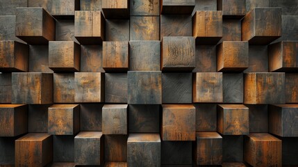 Light colored wooden wall art design, geometric wood blocks, dark background, wallpaper