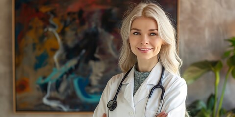 Bright and inviting female doctor smiling in a modern clinic, symbolizing friendly professional healthcare service.