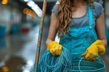 A woman in blue overalls holds a rope mop, determined to clean up a severely flooded workshop space - obrazy, fototapety, plakaty