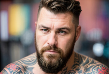 Fototapeta premium Close-up of a tattoo artists face, rugged expression, blurred tattoo studio backdrop. AI generated.