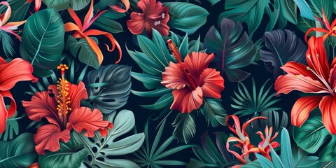 An illustration showcasing a dense, tropical foliage pattern with vibrant red and orange flowers, perfect for textile design or botanical-themed backgrounds..