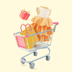 3d Metal Shopping Cart with Paper Bag, Gift Box and Female Dress Cartoon Design Style Online Concept. Vector illustration
