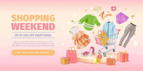 3d Shopping Weekend Sale Half Price Ads Banner Concept Poster Card. Vector illustration of Floating Clothing