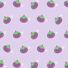 Cute mangosteen seamless pattern on purple background. Cute mangosteen vector seamless Pattern isolated repeat background wallpaper.	