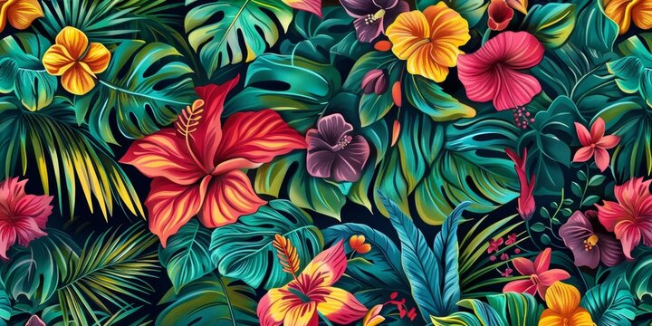 A lush and vibrant pattern full of tropical flowers and greenery, bursting with colors that capture the essence of a tropical paradise...