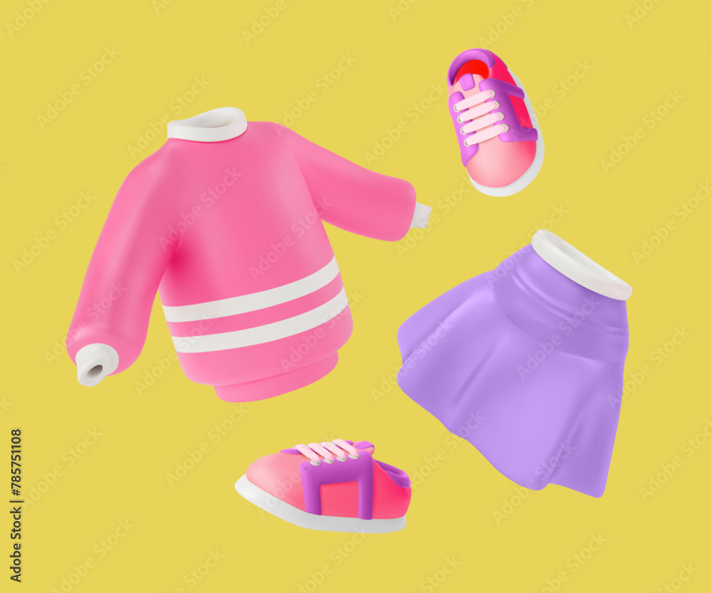 Poster 3d Girl Teenage Clothes Set Cartoon Design Style Include of Sweater, Pair Shoes and Skirt. Vector illustration