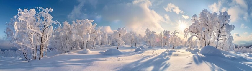 panoramic view 32:9 landscape sunrise behind trees in winter covered with snow