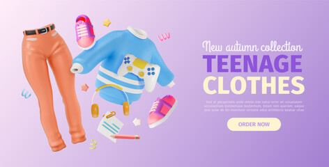 3d New Autumn Teenage Clothing Collection Ads Banner Concept Poster Card. Vector illustration of Floating Sweater, Jeans and Shoes Pair