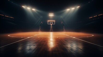 A basketball court with a ball in motion and stadium lights..