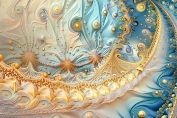 Elegant abstract fractal art depicting swirling golden and blue waves with a luxurious feel for creative backgrounds..
