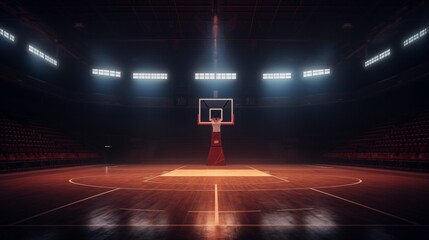 A basketball court with a ball in motion and stadium lights..