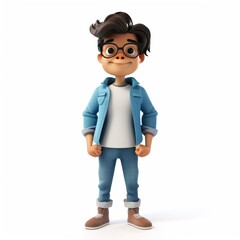 Cheerful Boy in Stylish Blue Outfit with Glasses Smiling Happily in Cartoon Illustration