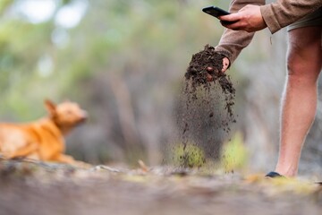 university student conducting research on forest health. farmer collecting soil samples in a test tube in a field. Agronomist checking soil carbon and plant health on a farm in australia