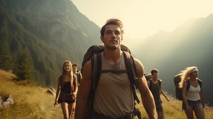a candid photo of a family and friends hiking together in the mountains in the vacation trip week....