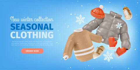 3d Winter Seasonal Clothing Collection Ads Banner Concept Poster Card. Vector illustration of Floating Pair Shoes and Sweater