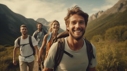 a candid photo of a family and friends hiking together in the mountains in the vacation trip week. sweaty walking in the beautiful american nature.