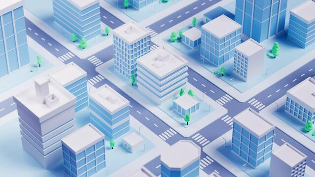 City or town animation. Urban landscape, streets, buildings, skyscrapers. taxi service, navigation or gps concept. Animated stock footage, 3D rendering. Map of downtown or business district