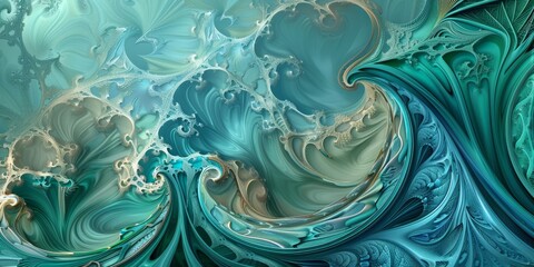 Abstract Fractal Art Depicting Oceanic Waves and Foliage Textures.