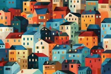 Stylized artistic rendering of a tightly packed urban landscape, featuring a mosaic of multicolored geometric shapes that form a vibrant cityscape..