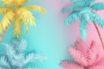Pastel Colored Tropical Palm Trees on Gradient Background.