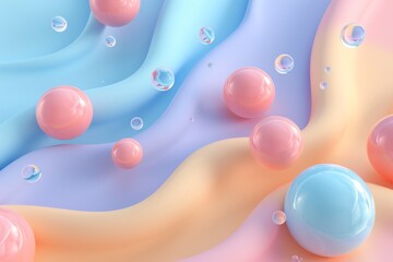 Abstract 3D render of glossy spheres floating on a wavy, multicolored pastel background, creating a dreamy and playful scene..