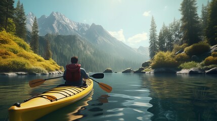 A person enjoying an eco-friendly activity, such as kayaking or hiking, with a focus on the...