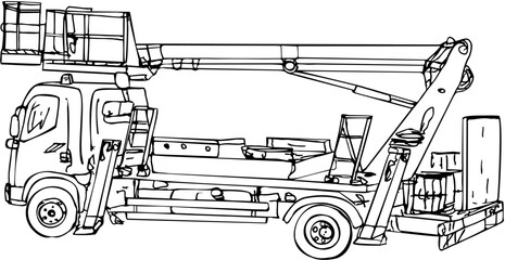 A lifting cradle on a car, folded, ready to move. Ink sketch