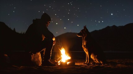 Starlit Companions: Man and Dog Sharing a Quiet Moment by a Campfire under the Night Sky