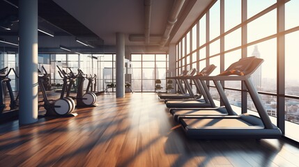 a photo of a interior of a modern fitness center gym club with a workout room with treadmills on a sunny day in the morning.