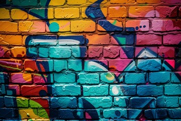 Detailed segment of colorful graffiti on brick wall