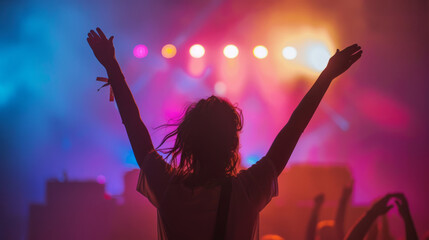 A woman enjoying a concert, lifting her arms in the air with the stage lights casting vibrant hues over her. Shallow depth of field, blurred background