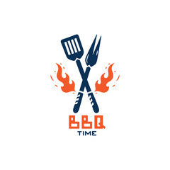 BBQ Time. Grill Tools with Fire Flames. Barbecue Fork and Spatula. Vector illustration.
