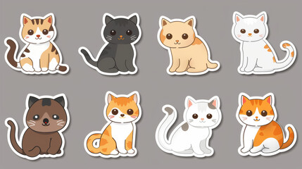 Variety of cute cat stickers featuring different cat breeds. Cat portraits on a clean background.