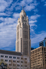 Ornate Art Deco LeVeque tower stands tall above the Columbus Ohio skyline