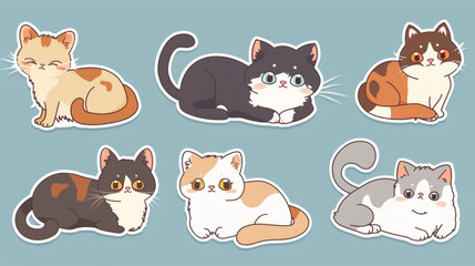 Variety of cute cat stickers featuring different cat breeds. Cat portraits on a clean background.