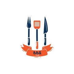 BBQ Time. Ribbon Banner with Grill Tools icon. Barbecue Fork, Spatula, Knife. Vector illustration.