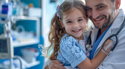 Obraz premium Doctor hugging little girl in hospital room. Smiling young girl being held by a doctor