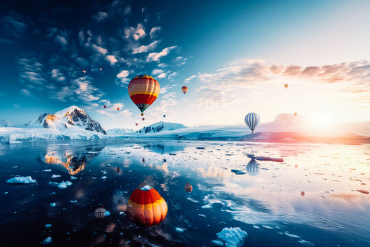 The balloons are scattered throughout the sky, with some closer to the water