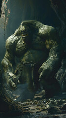 Fototapeta na wymiar Fearsome Ogre Figure in a Dark, Mythical Landscale: A Capture From Ogre Mythology