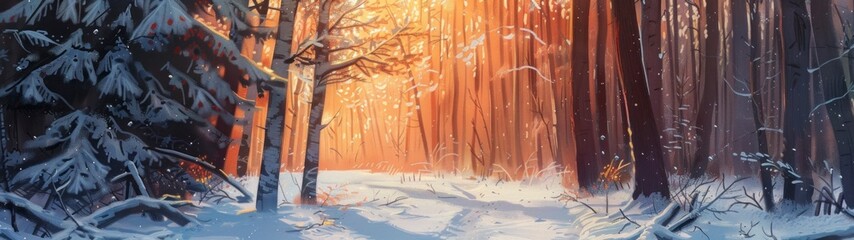 panoramic view 32:9 landscape sun behind pine trees full of snow in winter in high resolution and high quality HD