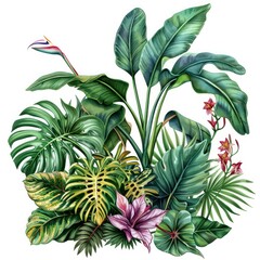 This image showcases a vibrant and detailed illustration of tropical plants and flowers, showcasing a variety of textures and shades of green