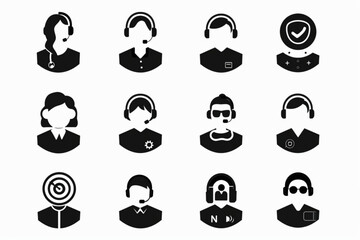 Customer service icon set. Containing customer satisfied, assistance, experience, feedback, operator and technical support icons. Solid icon collection. vector icon, white background, black colour ico