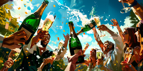 A group of happy people is celebrating with a glass bottle of champagne, tossing confetti into the sky. Their joyful gestures and laughter fill the world with fun and leisure - obrazy, fototapety, plakaty