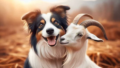 Fotobehang Border collie and goat on the farm © Елена Tomaeva