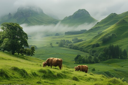 This enchanting image captures a serene moment of cattle grazing amidst fog-covered rolling hills, invoking a sense of mystery and calm