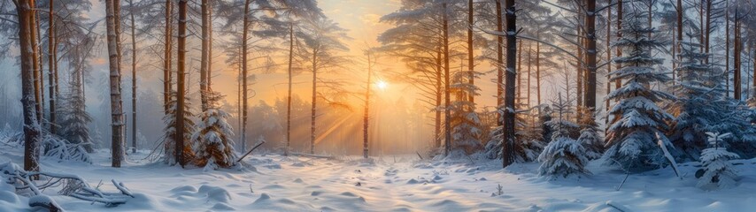Panoramic view 32:9 landscape sun behind pine trees full of snow in winter in high resolution and...