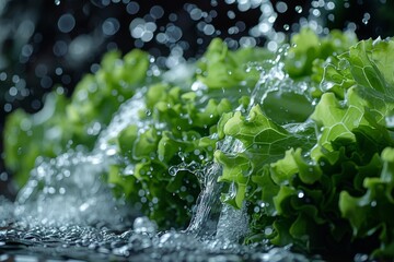 High-definition image of crisp green lettuce leaves with droplets from a water sprinkle, conveying freshness and purity - obrazy, fototapety, plakaty