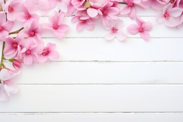 Beautiful pink magnolia flowers lying over a white rustic wooden background, ideal for springtime decor.