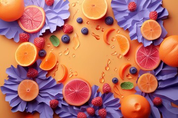 Orange mockup made of juicy fruits and citrus fruits with dewdrops in a layered paper cut style. Fruits and berries blueberries and raspberries in a 3D top down view, flat lay - 785753903